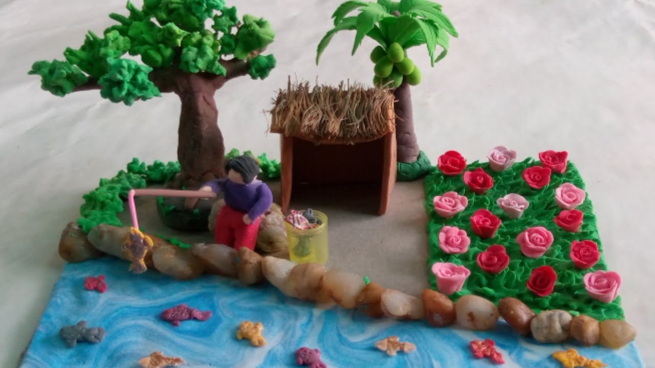 Diy Polymer Clay Village Model With Fishing Man| How To Make Fish With Air Dry Clay| Clay Garden
