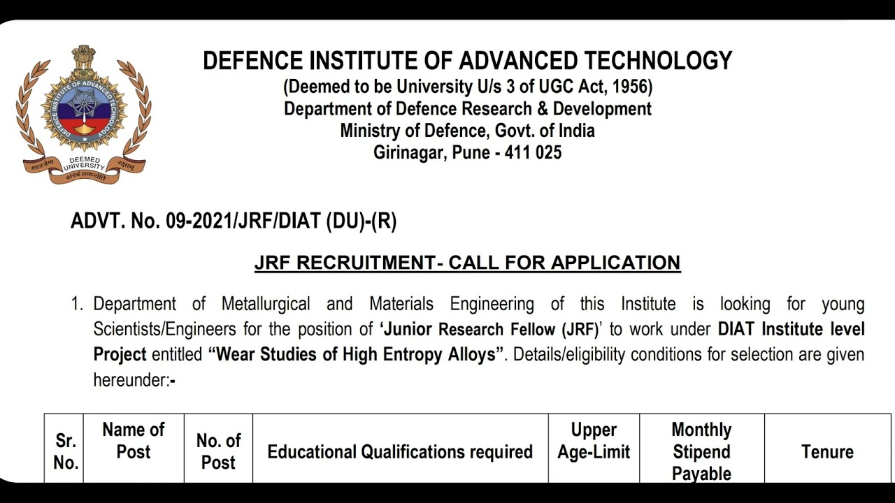 DRDO JRF RECRUITMENT 2021 THROUGH GATE/NET_Mechanical/Material Science/Metallurgy