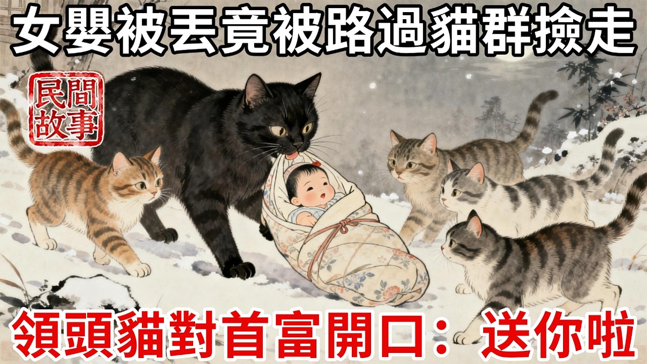寒冬深夜，女嬰被丟深山入口，竟被路過貓群撿走，隔天清早，城中無子首富院中群貓帶娃聚集，領頭貓對首富開口：這個女娃送你啦！好好養！#民間故事 #傳統文化 #原創虛構 #華語有聲書 #槐樹下聽書