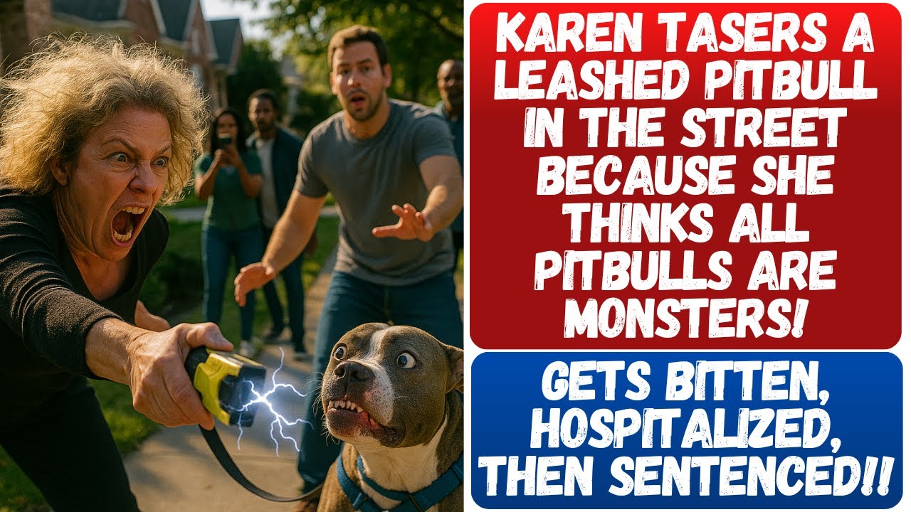 KAREN TASERS AN INNOCENET LEASHED PITBULL ON THE STREET CLAIMING ALL PITBULLS ARE MONSTERS!! BITTEN!