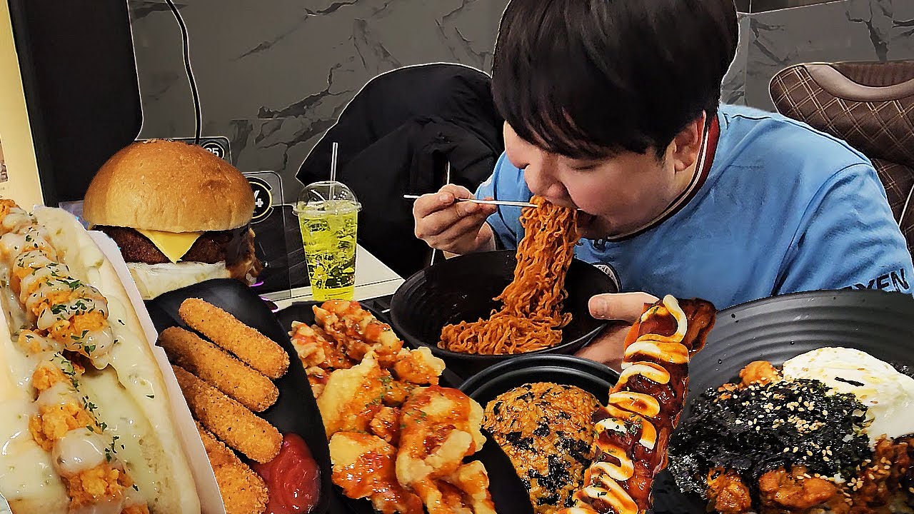 24시간 굶고 PC방에서 불닭볶음면,불닭주먹밥,불닭마요닭꼬치,치즈핫치킨덮밥,치킨스파이시핫도그 외 후식 불고기햄버거,닭껍질튀김,치즈스틱 먹방!! [ RAMYUN MUKBANG ]