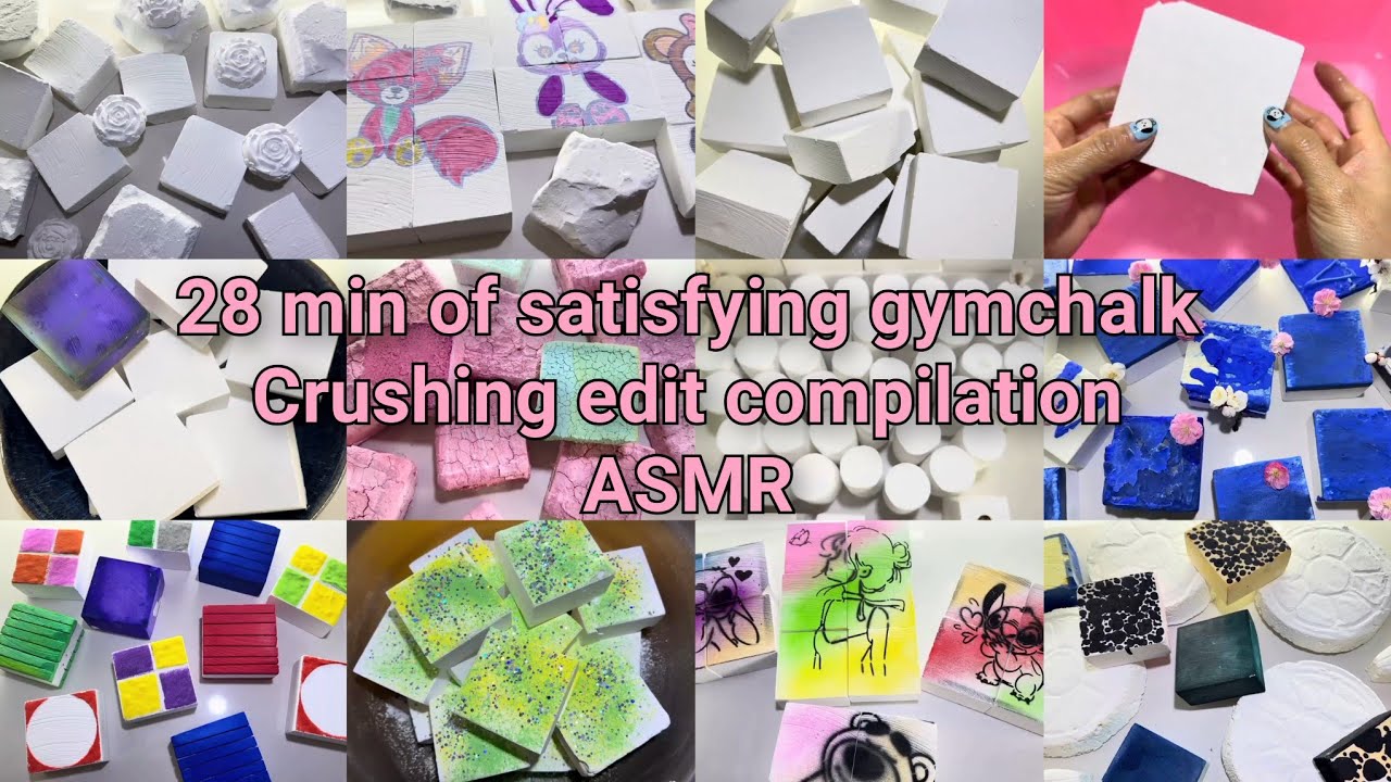 28+ min of addictive super soft gymchalk crushing ASMR edit of @YuShen-asmr: fresh, dyed, mass crush