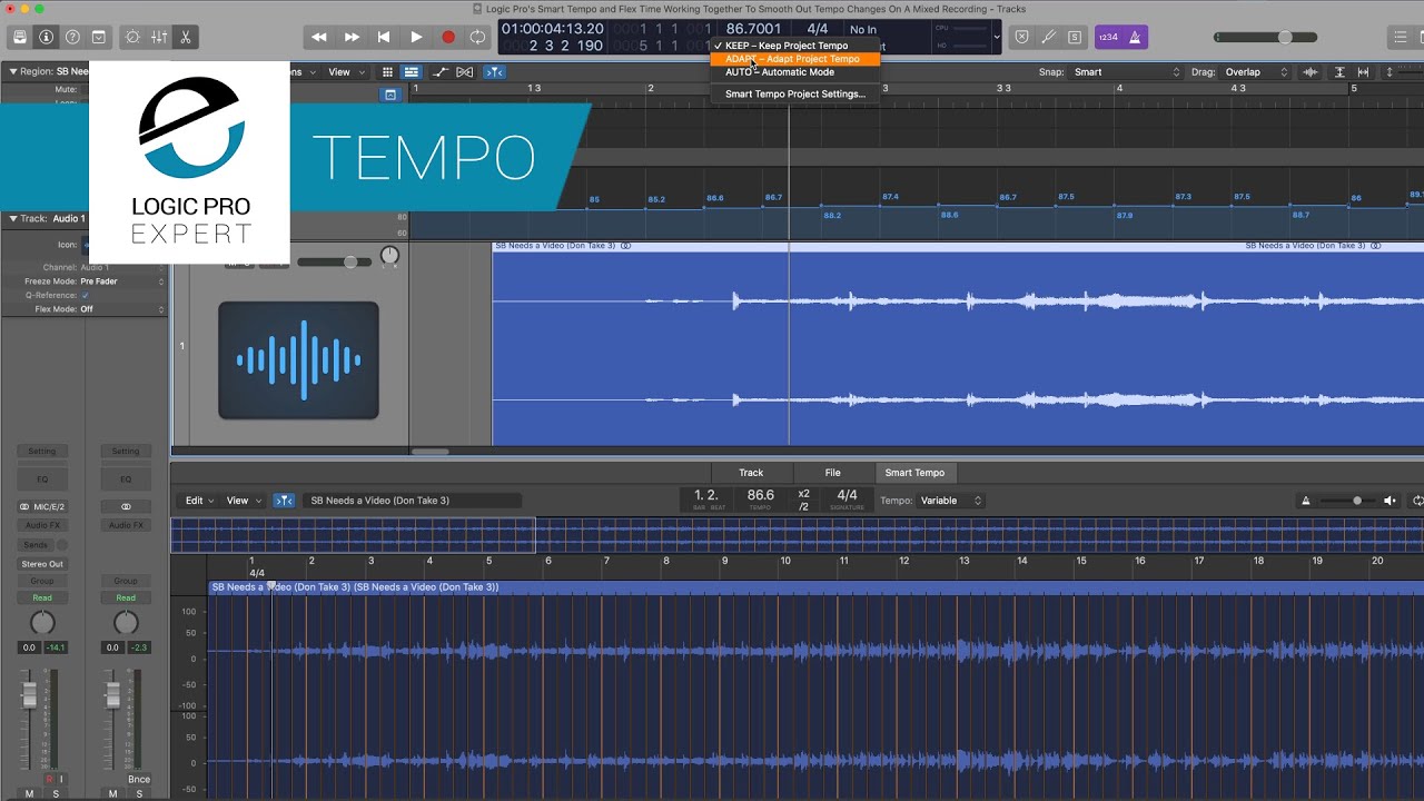 Smart Tempo и Flex Time в Logic Pro работают вместе, чтобы сгладить изменения темпа в уже готовом...