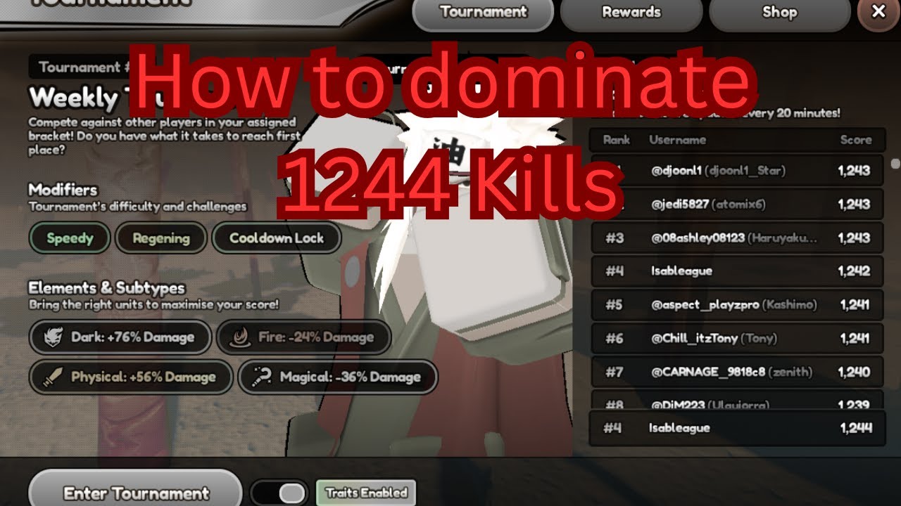 Tournament #31 1244+ kills Trait Strat in Roblox Anime Last Stand