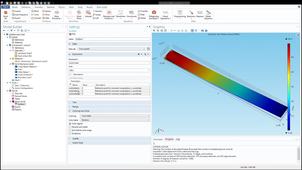 Stress and Strain analysis of beam in COMSOL MULTIPHYSICS