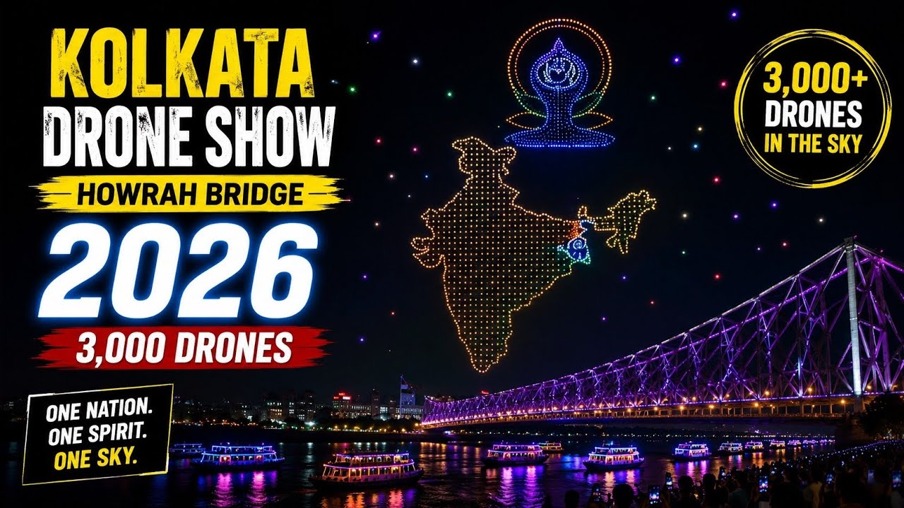 🔥 3,000 Drones in Kolkata Sky | Mega Drone Show 2026 | Howrah Bridge Spectacular View