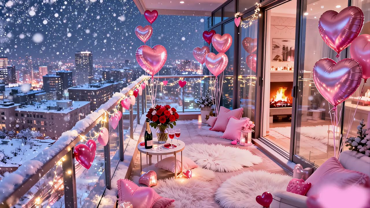 ❄️💗 Snowy Valentine’s Balcony Night Ambience | Jazz Instrumentals & Fireplace Sounds 