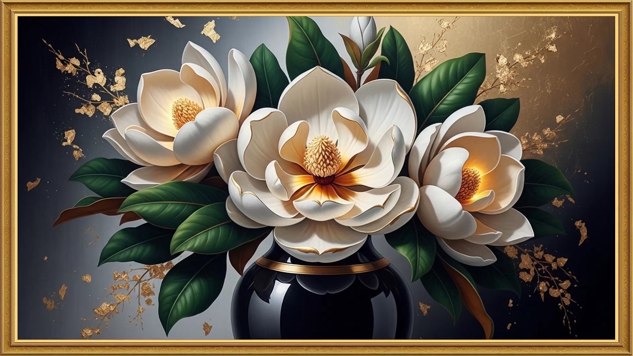 Elegant Magnolia Flowers with Gold Accents | Luxury Floral Art | 7 Hours | 5 Pictures Loop