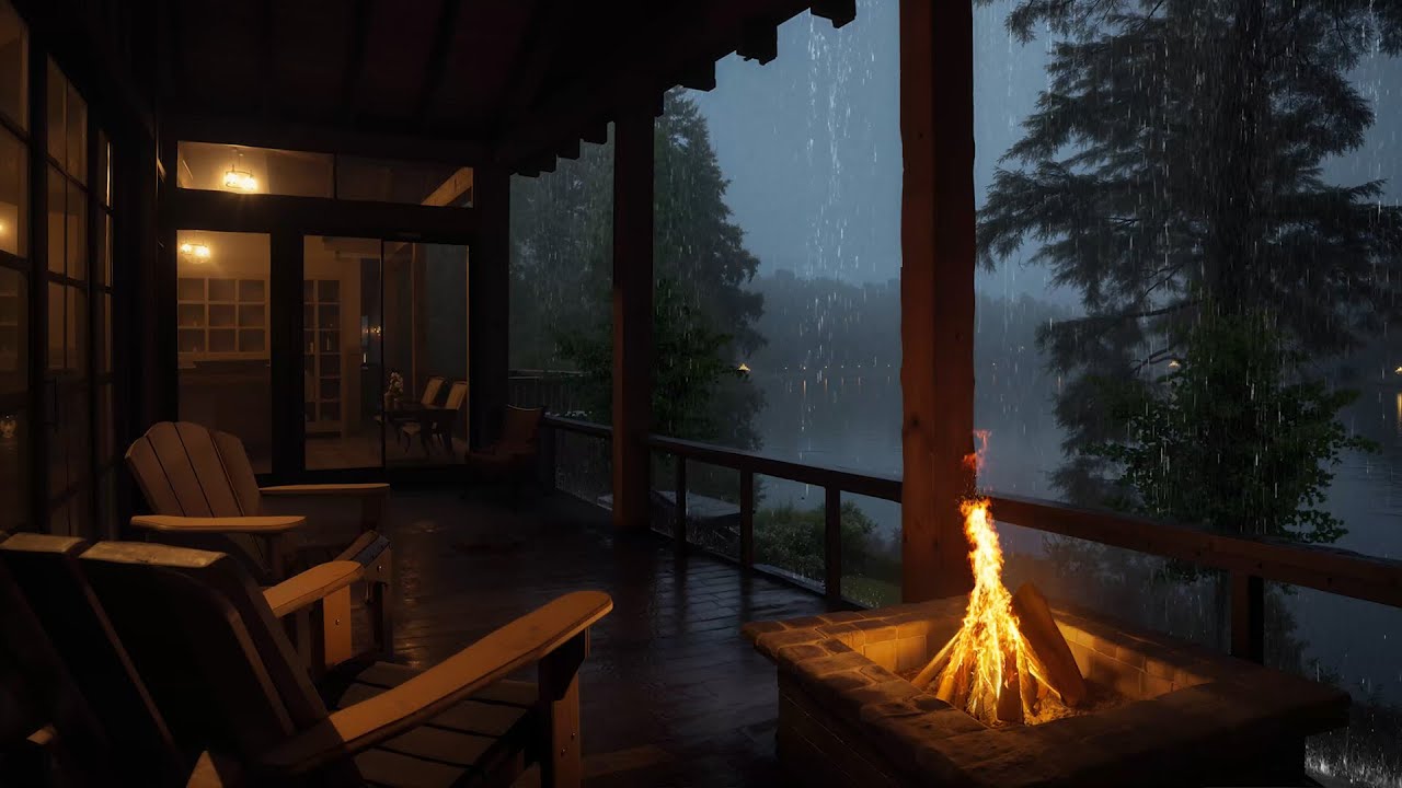 Soothing Night Rain for Deep Sleep | Cozy Cabin Porch with Warm Firelight & Quiet Rainy Forest
