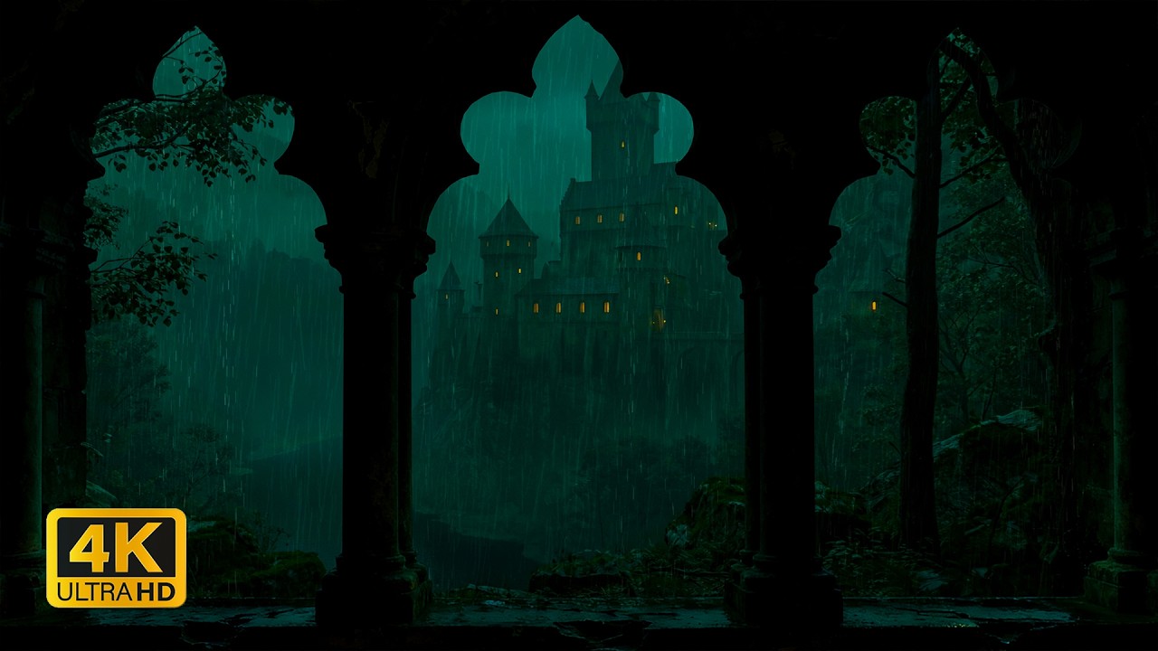 Dark Rainy Castle Window View in 4K 🏰🌧️ Soothing Thunderstorm Ambience & Rain Sounds for Deep Sleep