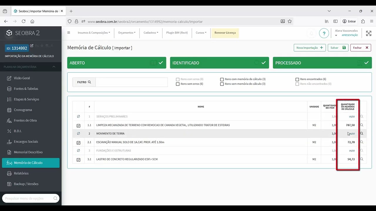 Importação da memória de cálculo