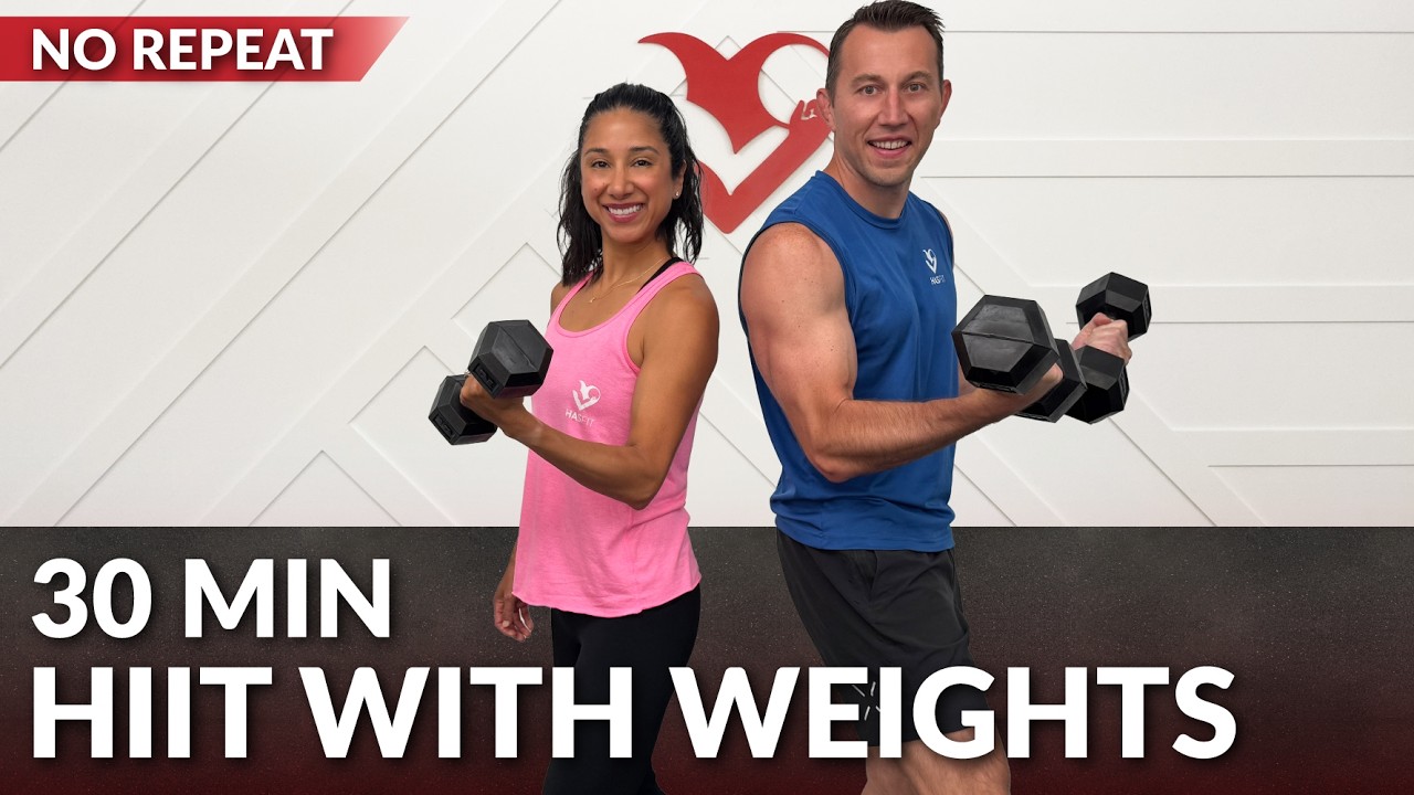30 Min HIIT Workout with Weights for Fat Loss at Home - No Jumping - No Repeats - with Dumbbells