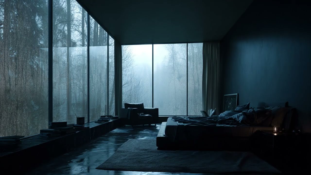 \Melancholic Rain in the Woods: A Lonely Forest Bedroom View for Reflection and Relaxation