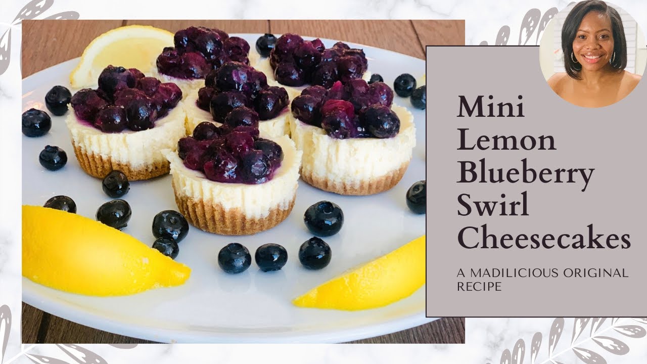 Mini Lemon Blueberry Swirl Cheesecake Recipe #NationalCheesecakeDay| Madilicious
