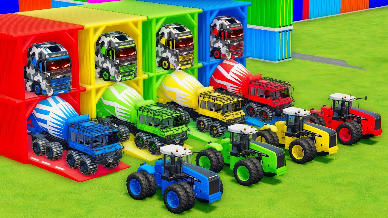 Garage with Colors - ALL MIXER TRUCK WITH DOUBLE FLATBED TRAILER TRUCK, VOLVO, PAZ, ROSTSELMASH