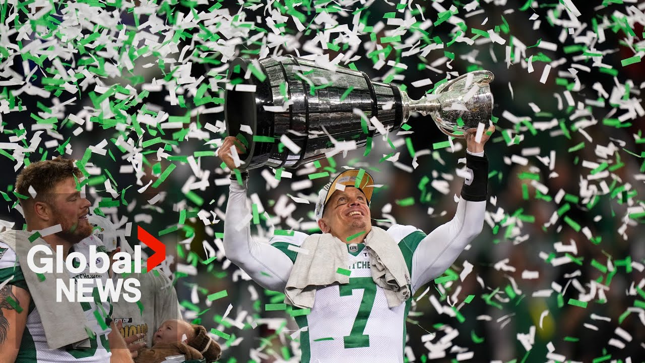 Saskatchewan Roughriders erupt in celebration as fans flood the field after Grey Cup win
