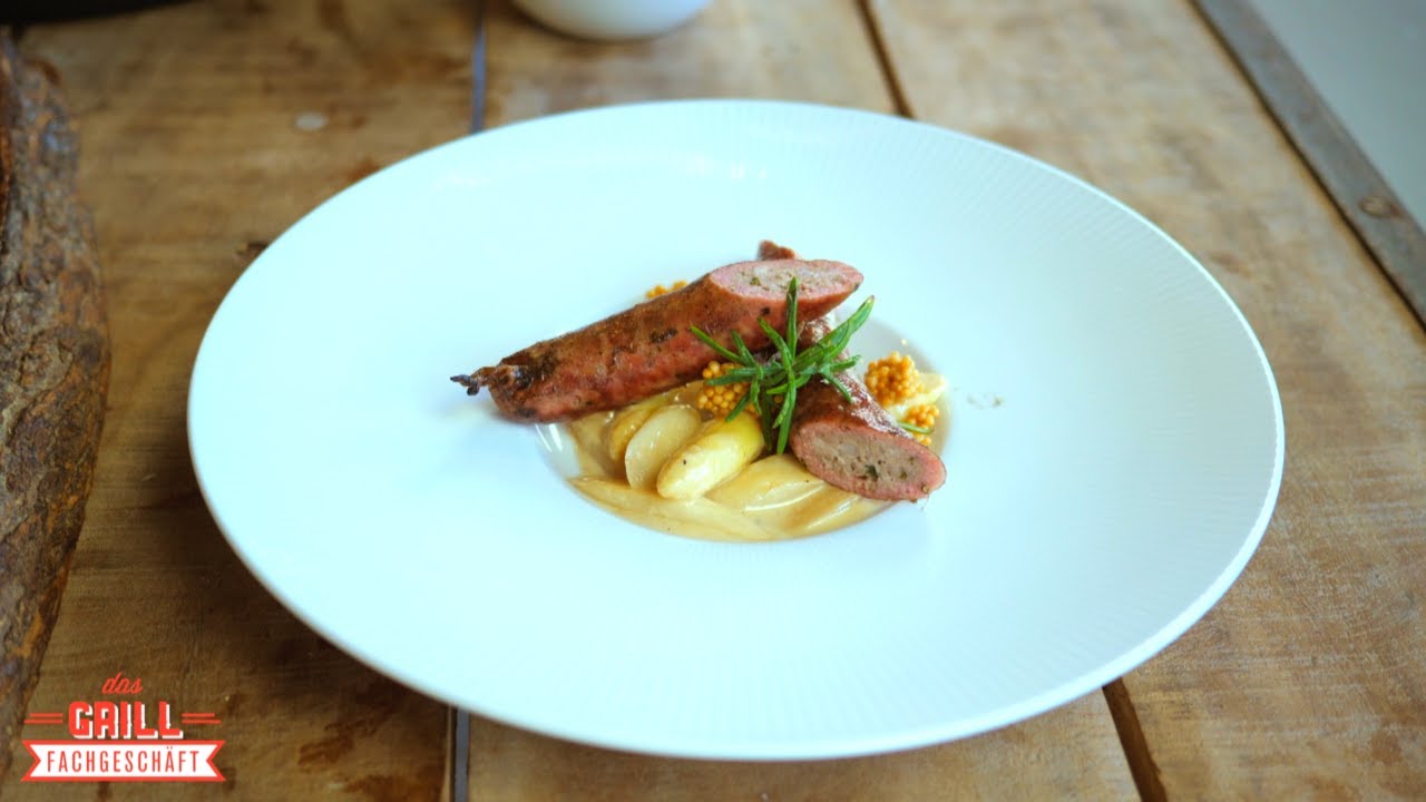 #9 selbstgemachte Bratwurst mit Senfkaviar auf Spargelragout - DIY - Feuer & Flamme TV