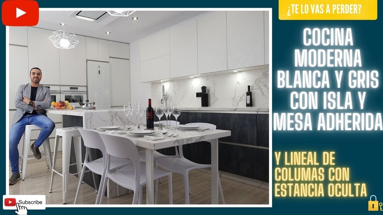 COCINA MODERNA BLANCA Y GRIS CON ISLA CENTRAL Y MESA ADHERIDA           STUDIO MOBILIARIO HERNANDEZ