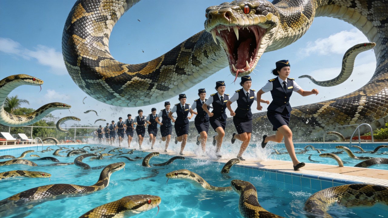 Hundreds of venomous snakes in pool, flight attendant flees in panic, giant python right behind!