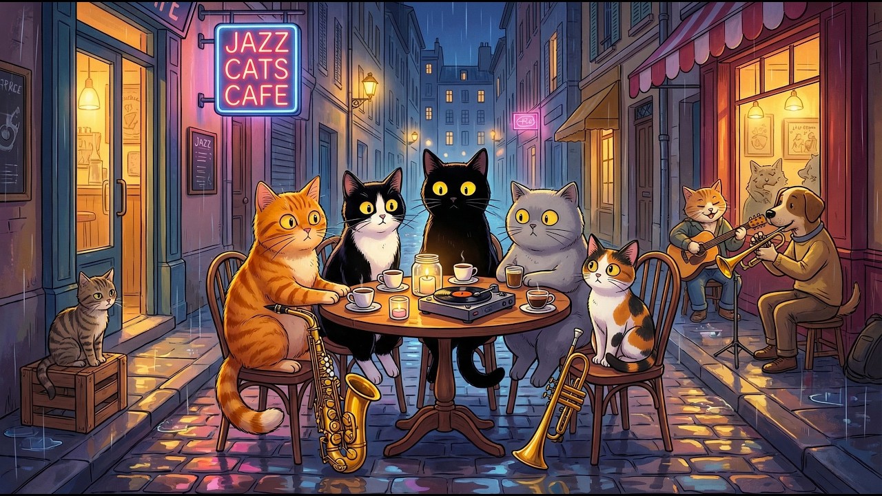 Уютные босса-нова джазовые коты ☕ в Jazz Café | Расслабляющая учеба, работа и музыка для сна (4 ....