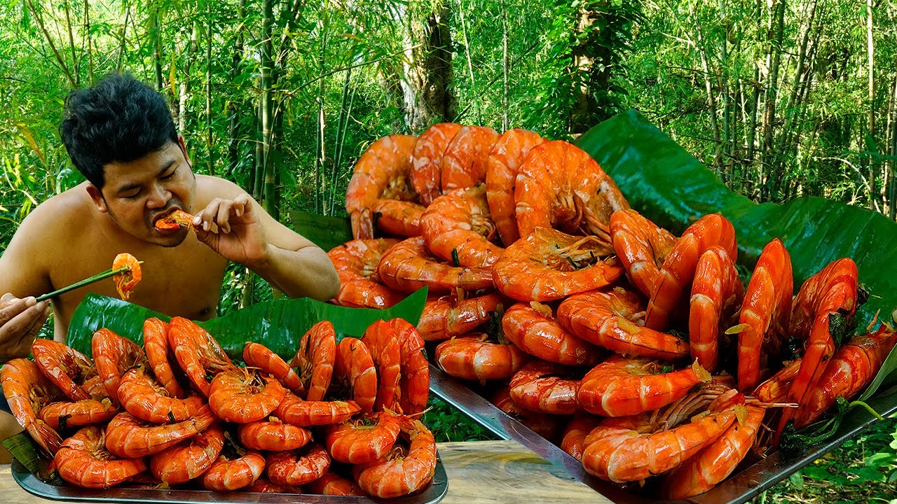 Wilderness Cooking Skill -Garlic Shrimp Recipe Stir Fry Blue Shrimp Garlic Hot Basil Eating So Yummy