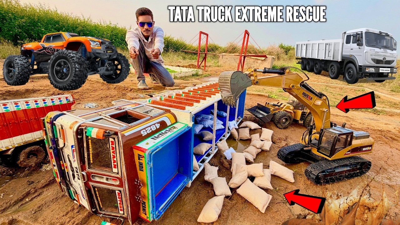 RC Cargo Loaded TATA Truck Fell in Deep Mud Bolero Car Rescue – Chatpat toy tv