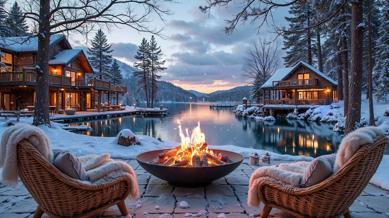 Soothing Riverside Porch in Winter Forest ❄️🔥Relaxing Piano Music with Crackling Campfire & Winds