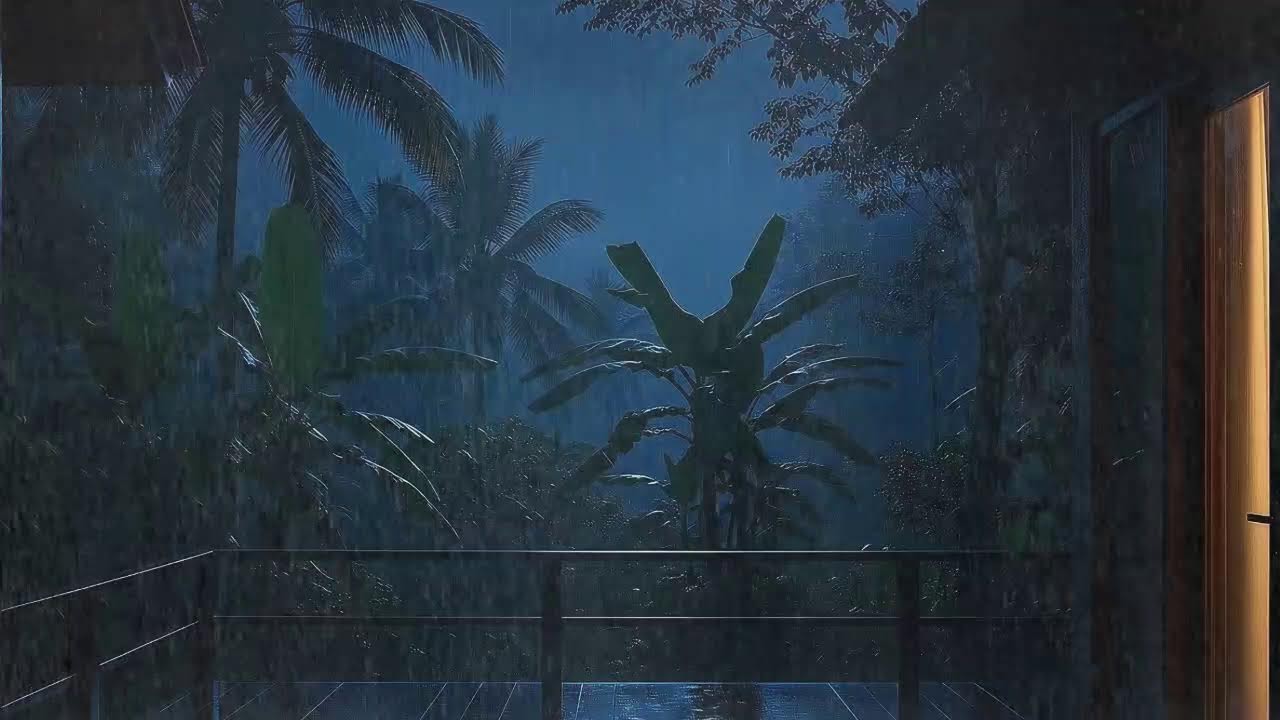 Drift to Sleep with Steady Rain and Low Thunder Echo at Wooden Cabin Terrace 🌧️