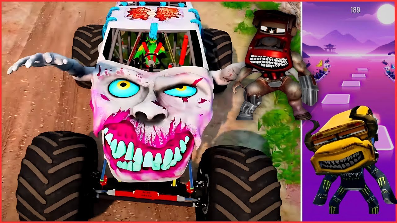 Mater eater monster vs Five head monster car vs Doc hudson v School bus monster head edm rush