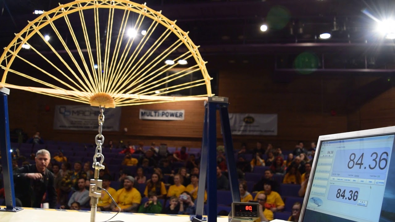 First place winners' bridge being tested and breaking - 2018 Spaghetti Bridge Contest