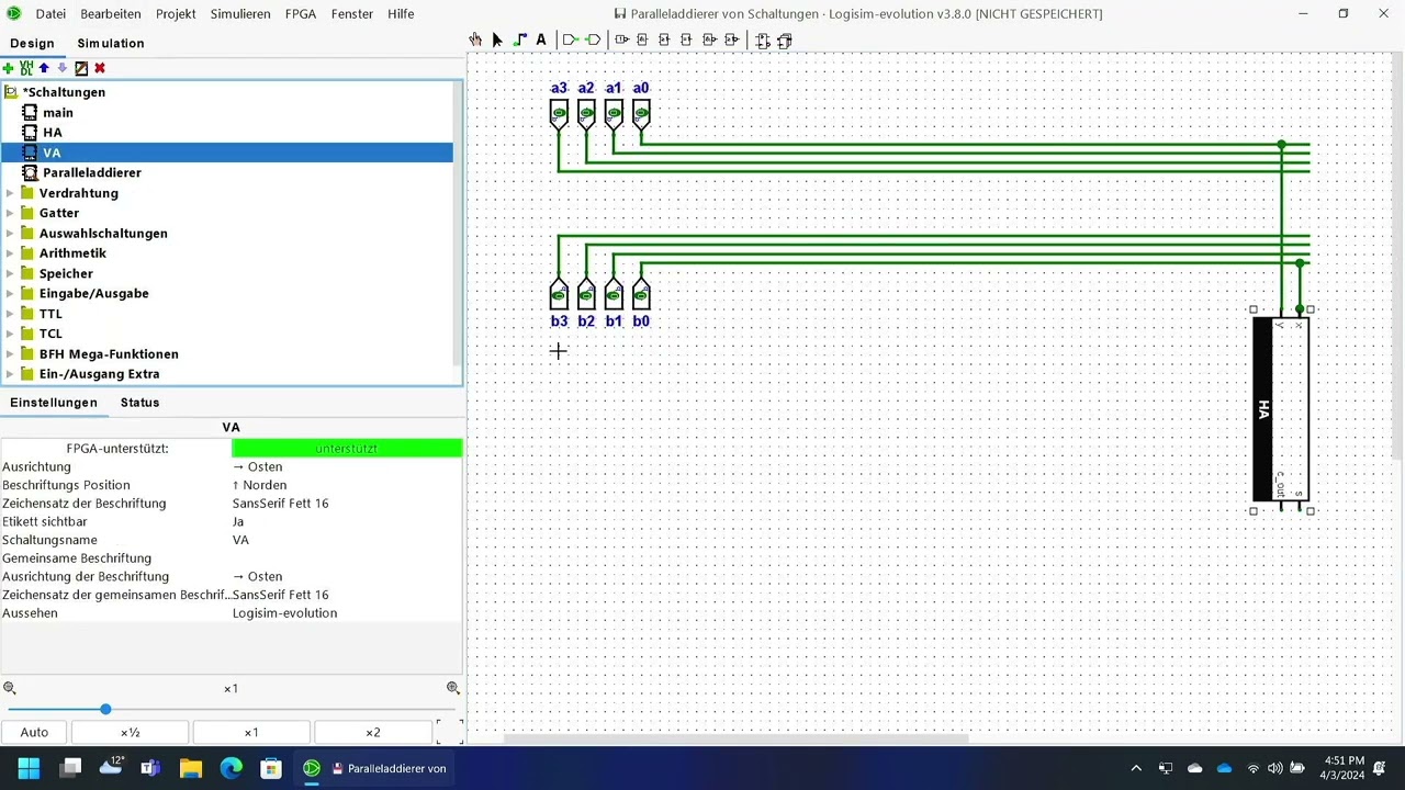 Paralleladdierer - Funktionsweise und Schaltung in Logisim Evolution