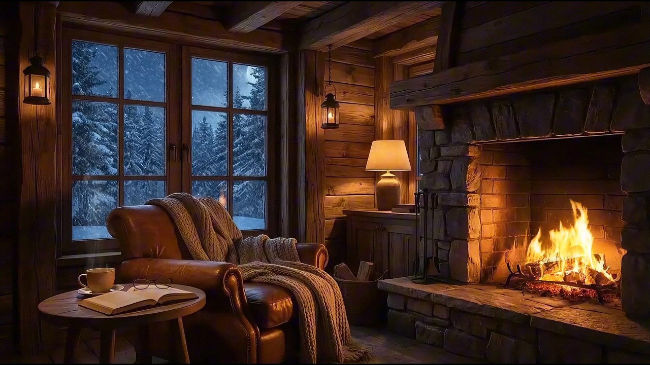 Cozy Cabin Fireplace Ambience ❄️ Snowy Winter Night | Soft Piano & Crackling Fire