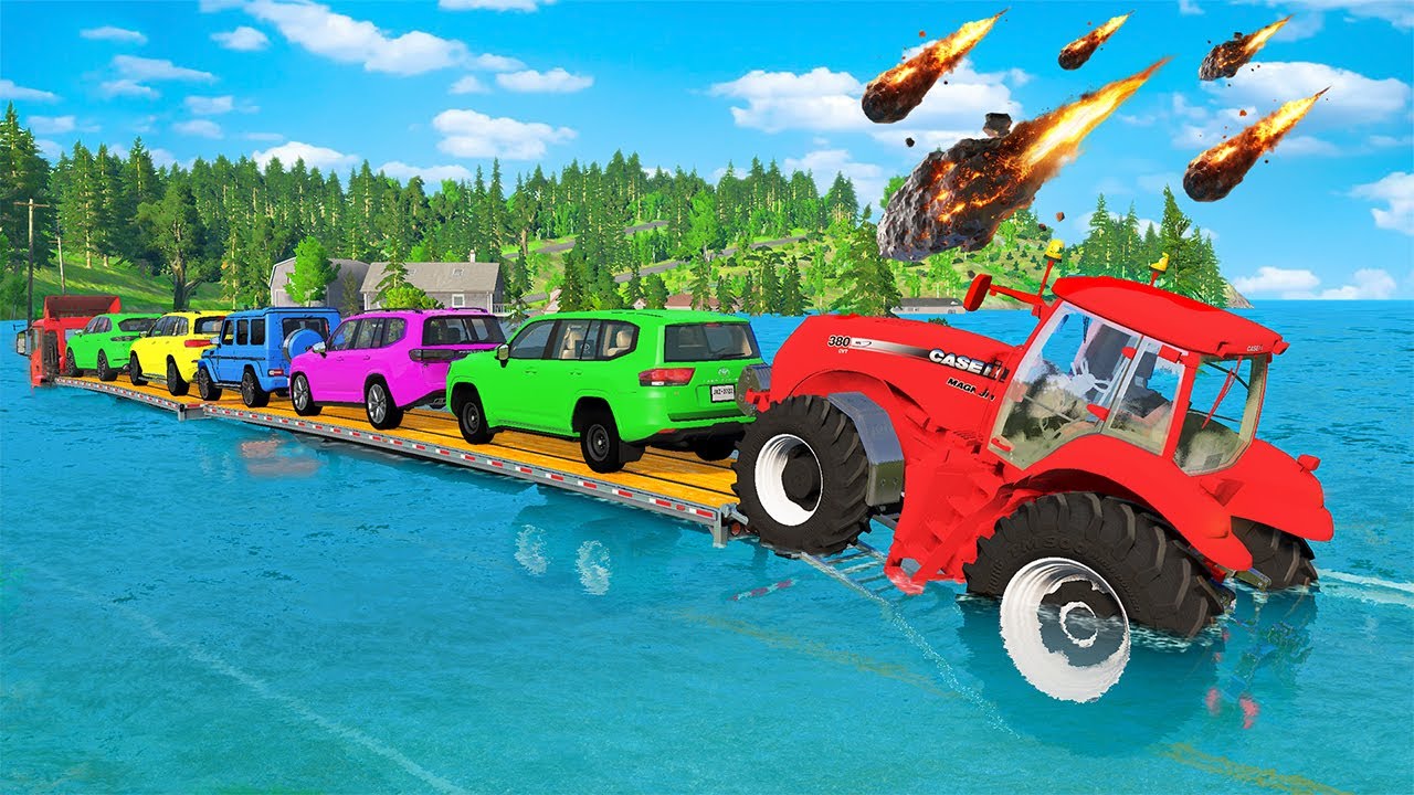 Triple Flatbed Trailer McQueen Transportation with Truck - Speedbumps vs Cars Flooded - BeamNG #2