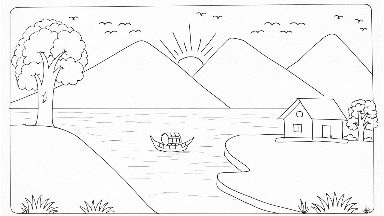 How to draw scenery easy/ prakrutik drishya kaise banaen/ mountain river house tree scenery drawing 