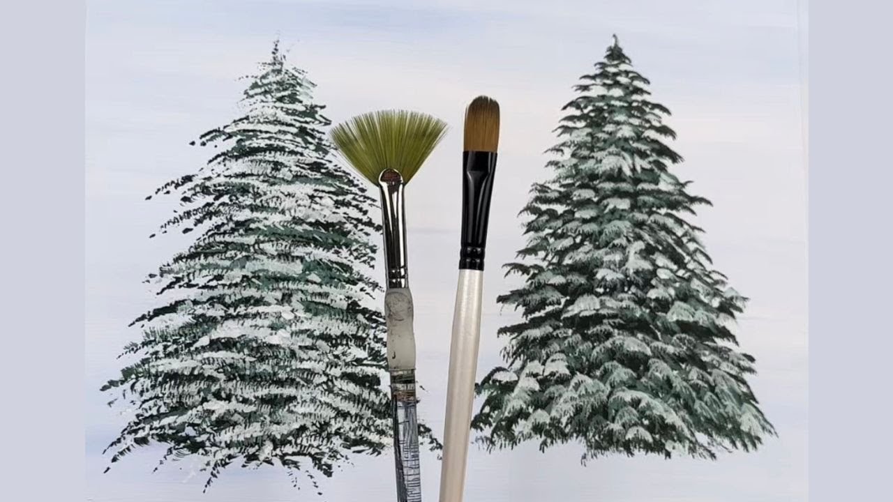 How to Paint Evergreen Trees! (for beginners) 🎨🌲Fan brush vs Filbert brush