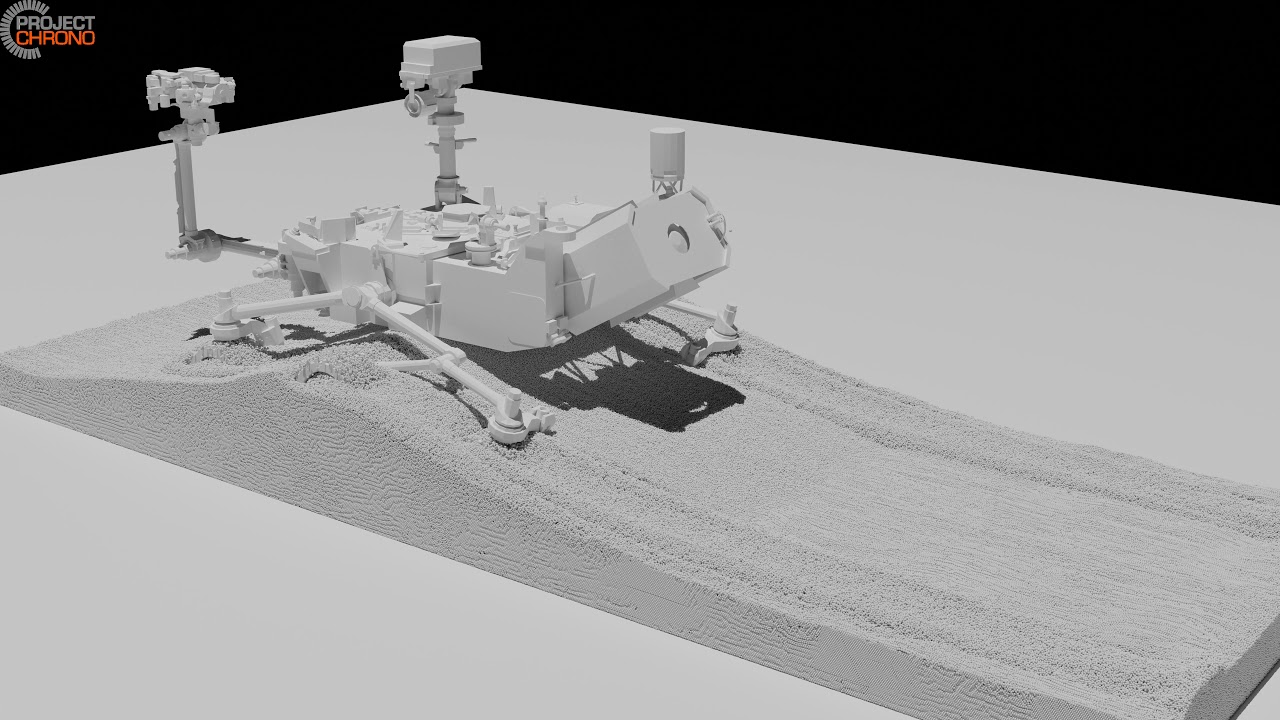 Chrono::GPU Curiosity DEM Simulation with 12M Particles (Low Ground Cohesion)