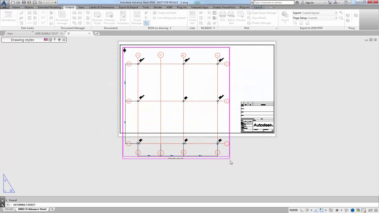 How to center the text in the grid bubble on drawings using Advance Steel 2018