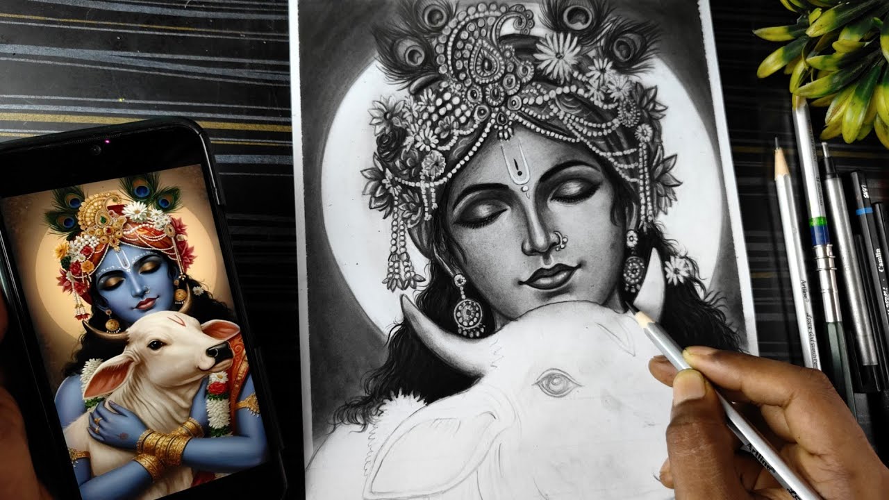Shree Krishna Drawing Sketch😍, How To Draw Lord Krishna With Cow❤️‍🩹, Step By Step Tutorial