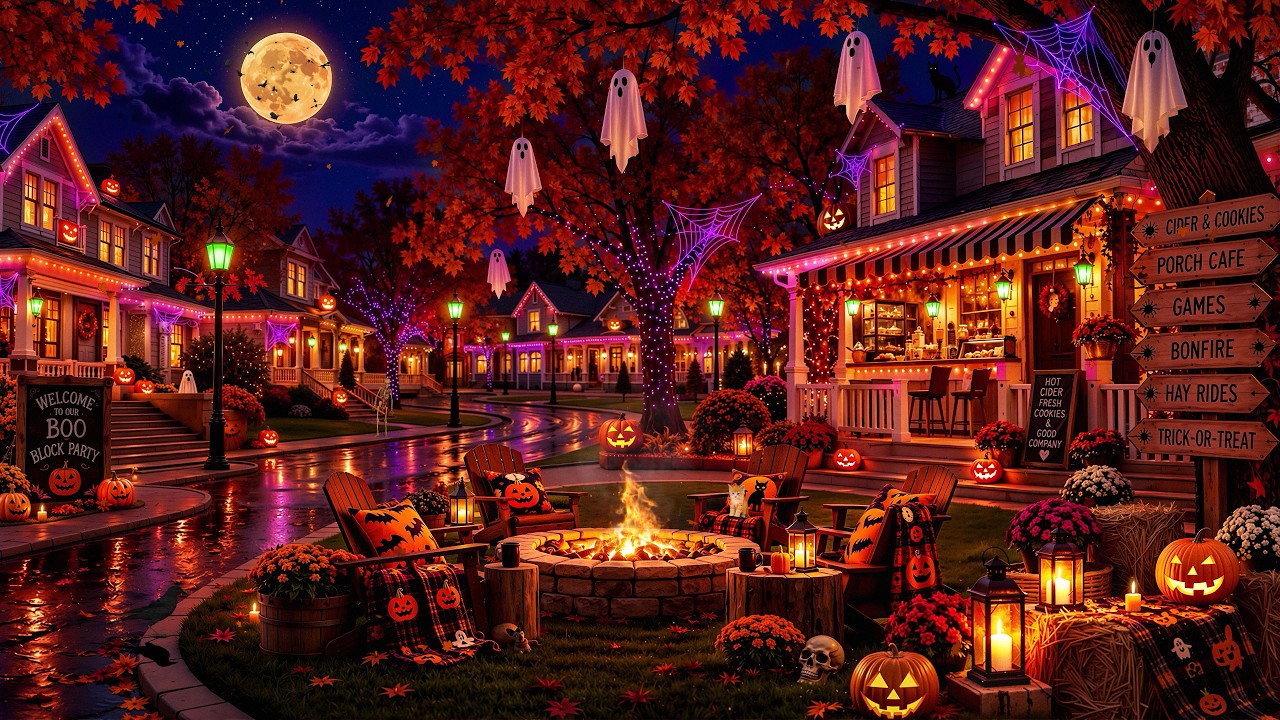 A Quiet Halloween Street in a Haunted Village 🎃 Warm Fall Jazz, Fire Sounds & Pumpkin Glow to Unwind