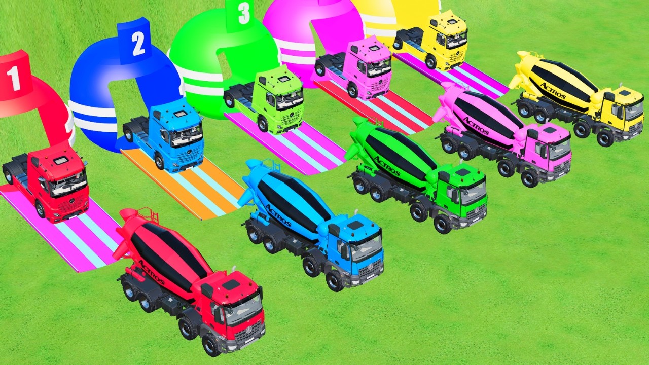 Transporting Colorful Mixer Trucks & Double Flatbed Trailers on Dangerous Terrain FS22 #96