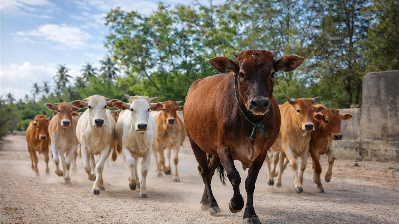 Accompanying a herd of cows that were lining up behind and walking leisurely across the bridge 