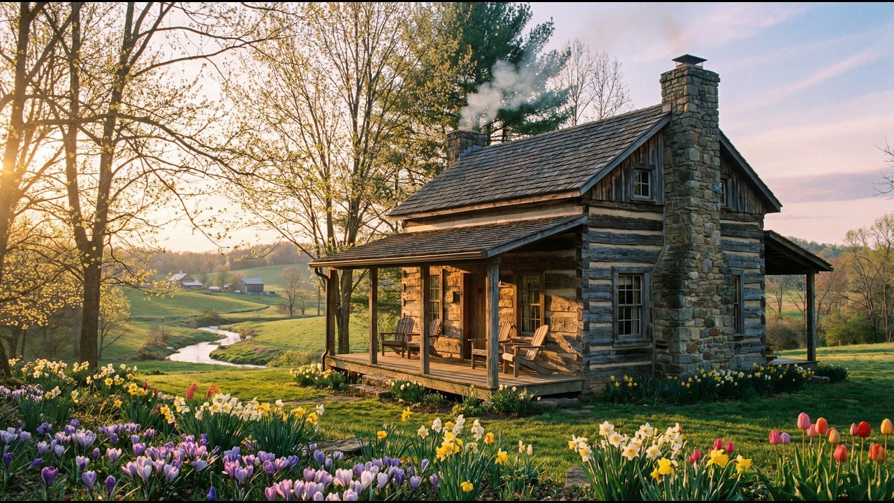 Cozy Spring Cabin Ambience 🌸 Relaxing Piano Music by a Babbling Brook