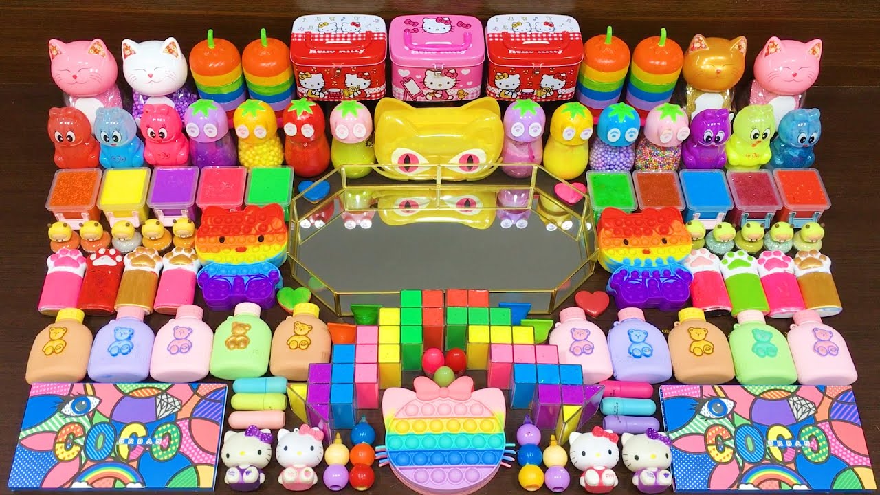 RAINBOW HELLO KITTY Slime!! MixingRandom Things into Glossy SLime!! Satisfying Video