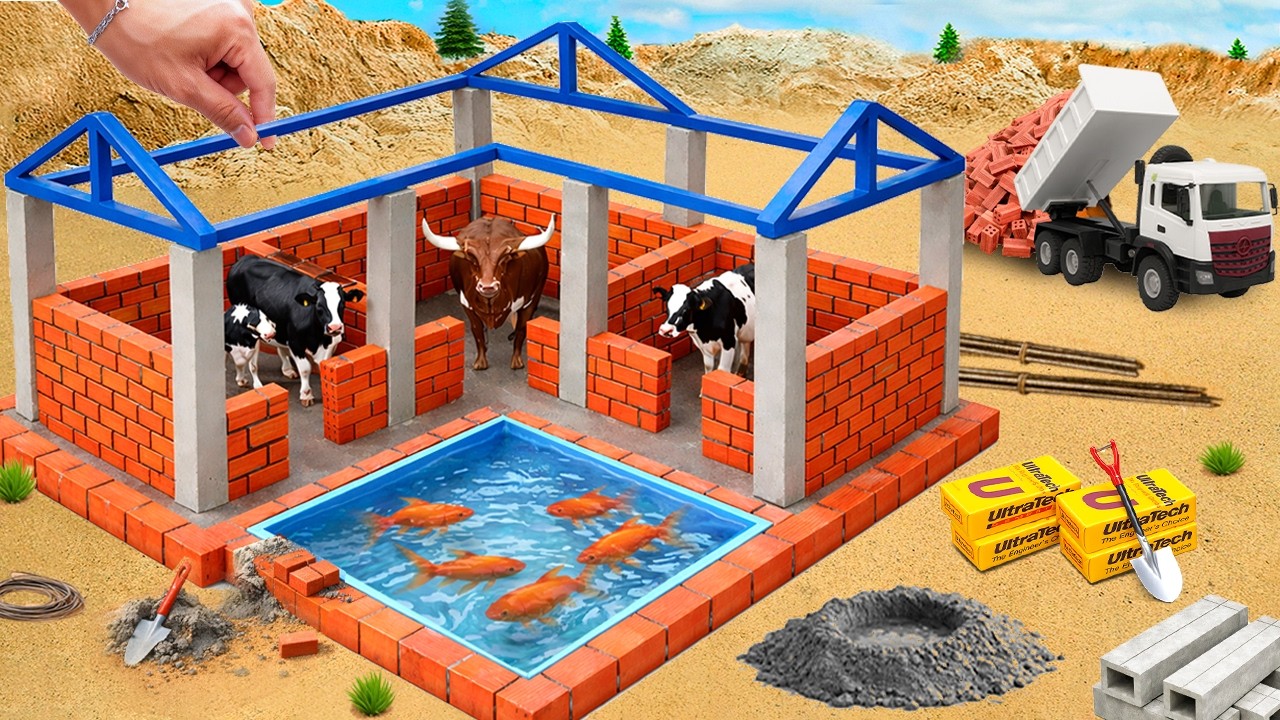 DIY Mini Tractor Builds a Strong 3-Compartment Brick Cow Shed with Water Pond | Science Project
