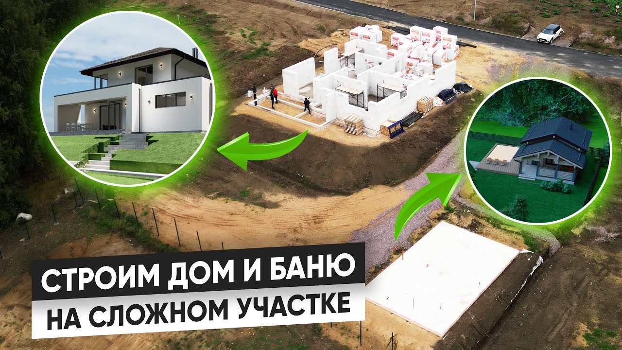 Дом из ГАЗОБЕТОНА + баня на участке с БОЛЬШИМ перепадом.