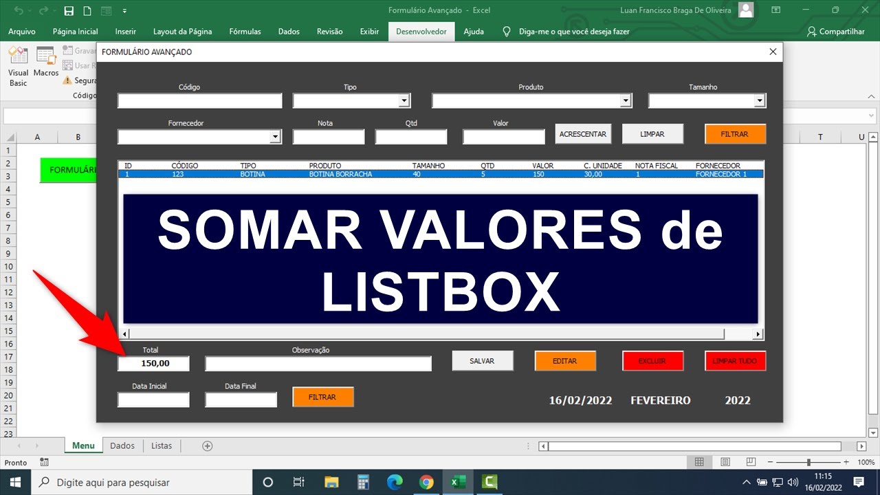 Formulário AVANÇADO no Excel - Somar Coluna de Listbox VBA via Códigos - Aula 10