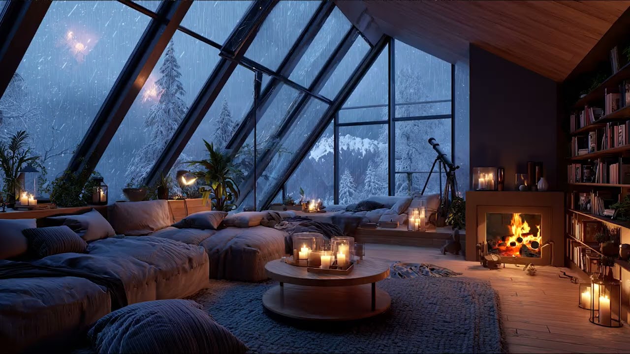 Rain Outside the Window in a Cozy Attic 🌧️ Fireplace Ambience for Sleep & Relax
