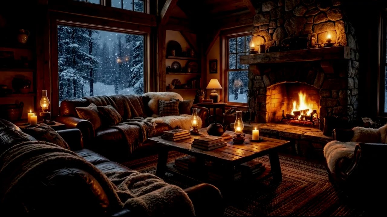 Cozy Winter Cabin Ambience with Crackling Fireplace & Snowfall