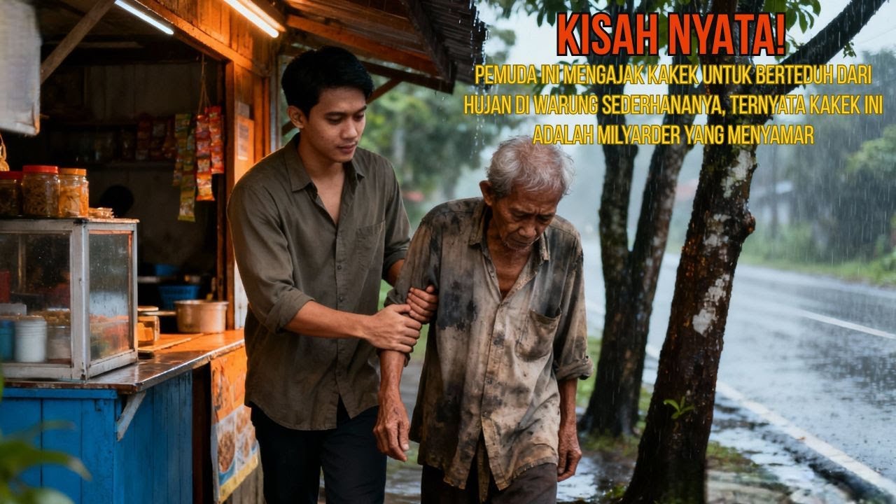 Pemuda Ini Mengajak Kakek Untuk Berteduh Dari Hujan Di Warung Sederhananya, Ternyata Kakek Ini