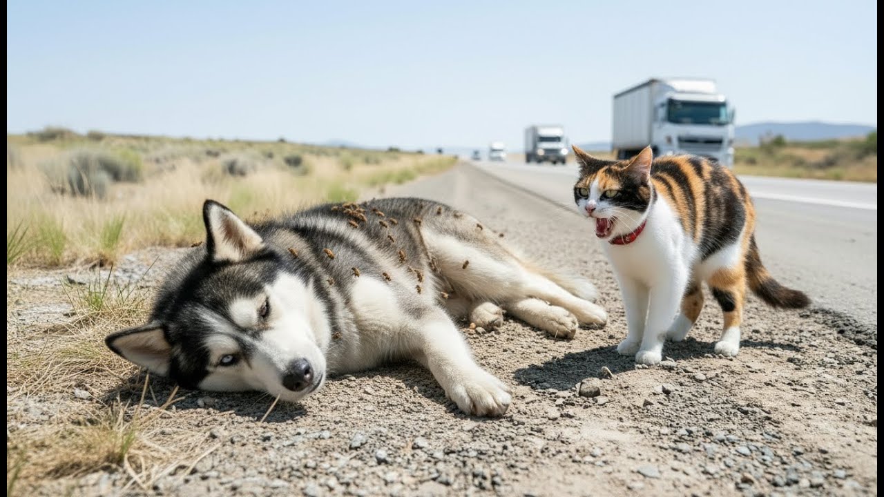 A Cat Stopped Traffic to Save a Mother Husky — What Happened Next Shocked Everyone 🐱🐶🐝
